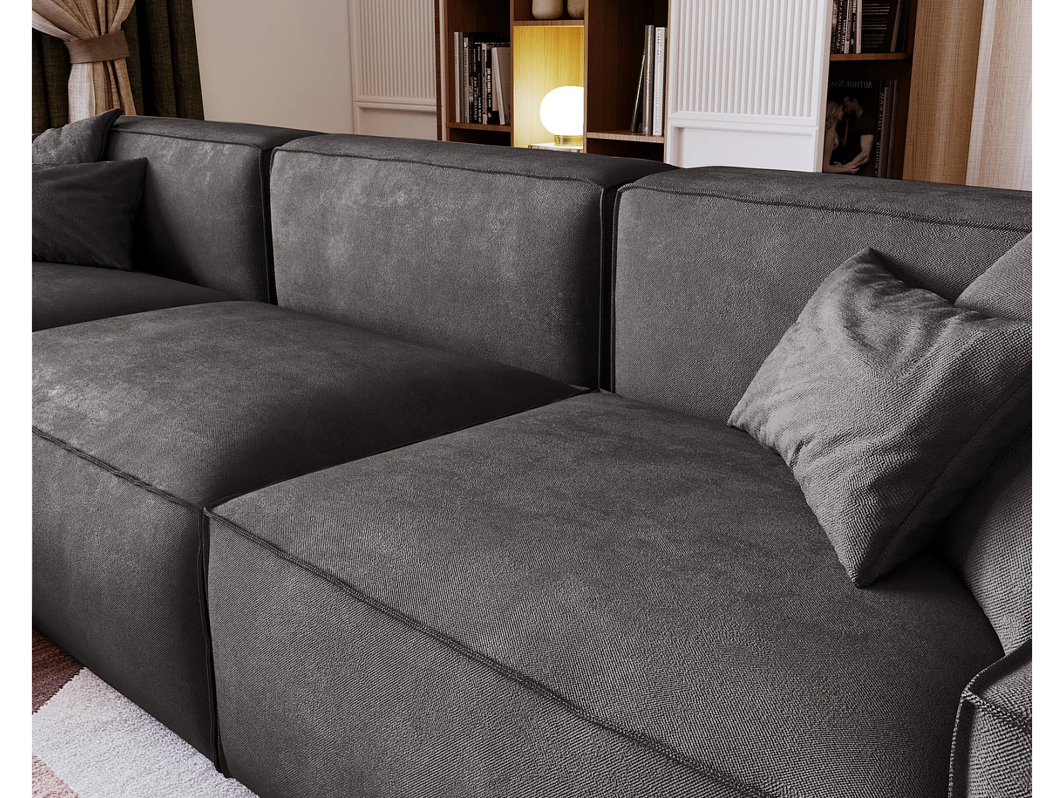 Emporius Figo Gauche Canapé d'angle en Velours, Design, Modern - Canapé d'angle 265x180 cm Gris foncé (Whisper 15)