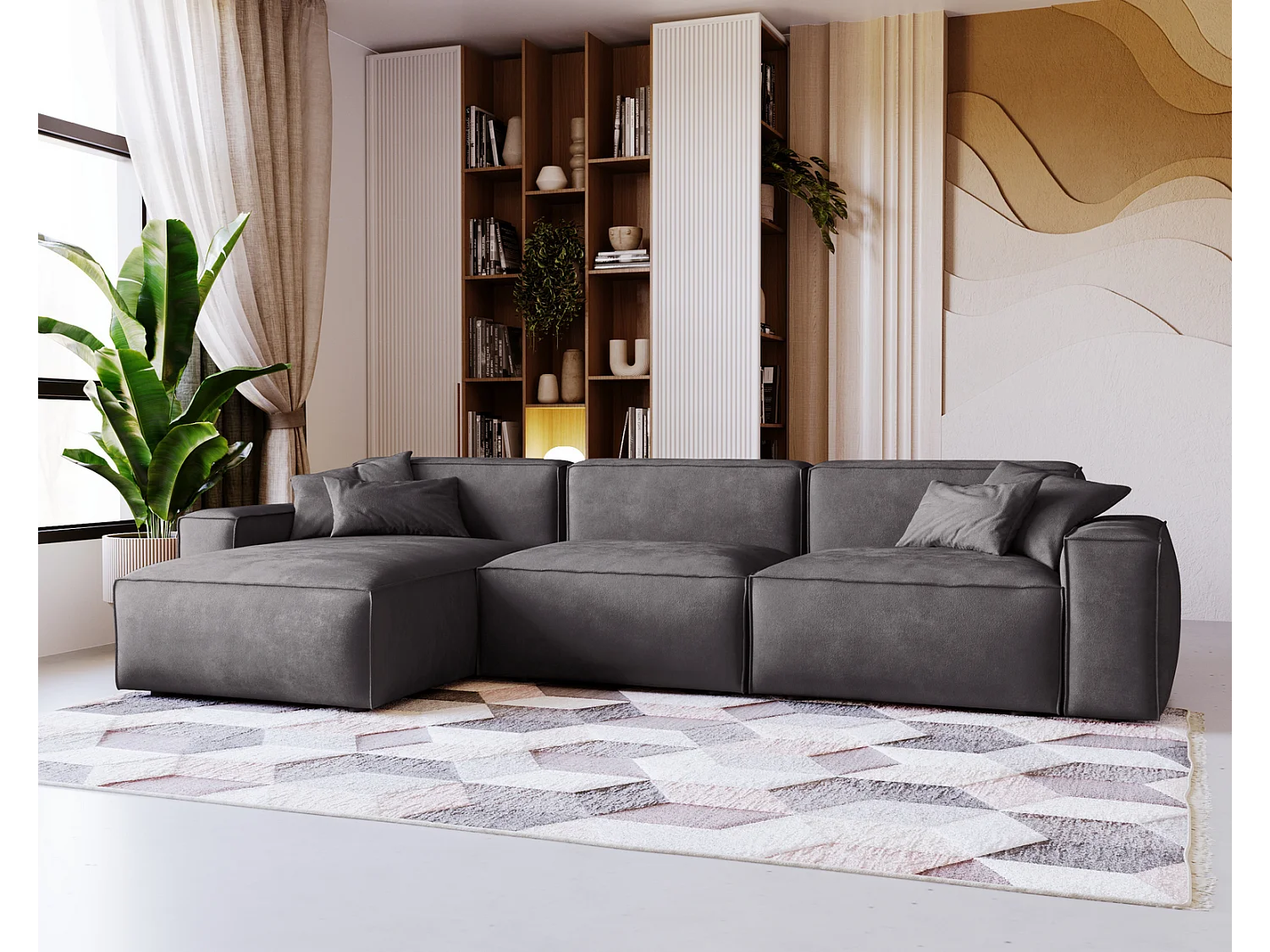 Emporius Figo Gauche Canapé d'angle en Velours, Design, Modern - Canapé d'angle 265x180 cm Gris foncé (Whisper 15)