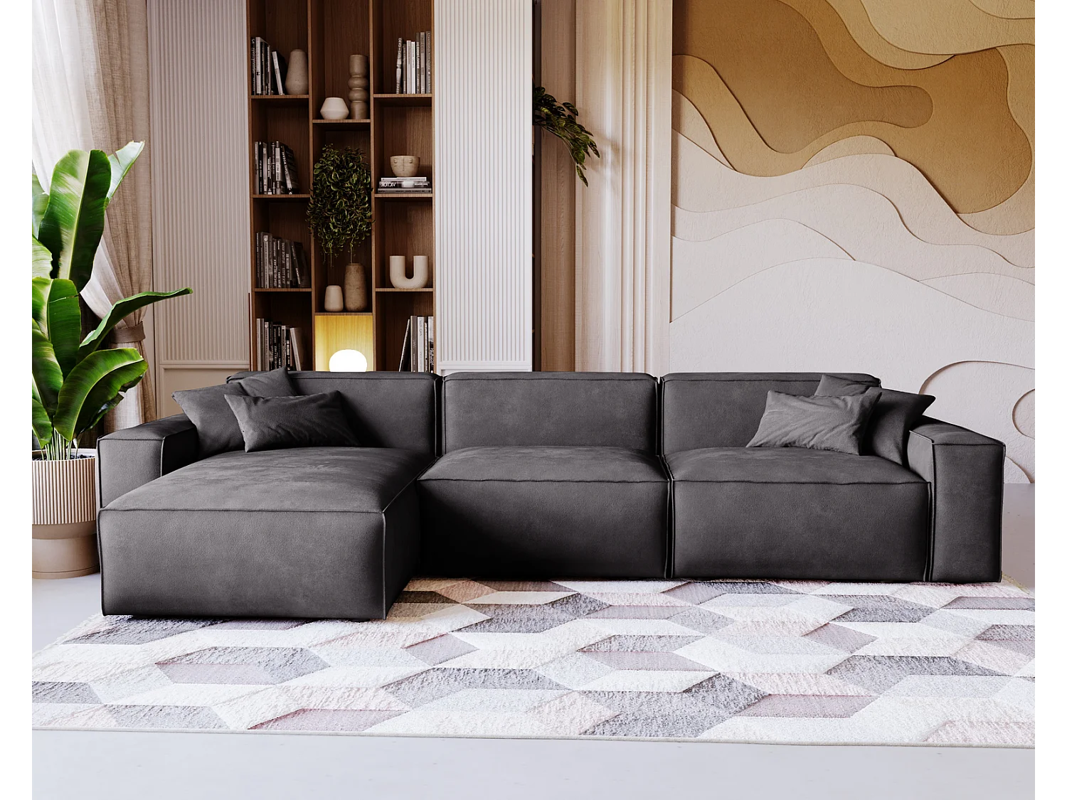 Emporius Figo Gauche Canapé d'angle en Velours, Design, Modern - Canapé d'angle 265x180 cm Gris foncé (Whisper 15)