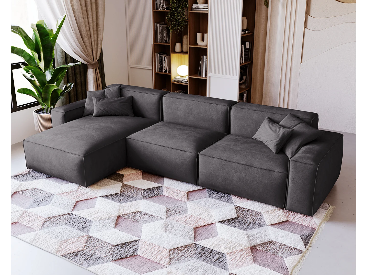 Emporius Figo Gauche Canapé d'angle en Velours, Design, Modern - Canapé d'angle 265x180 cm Gris foncé (Whisper 15)