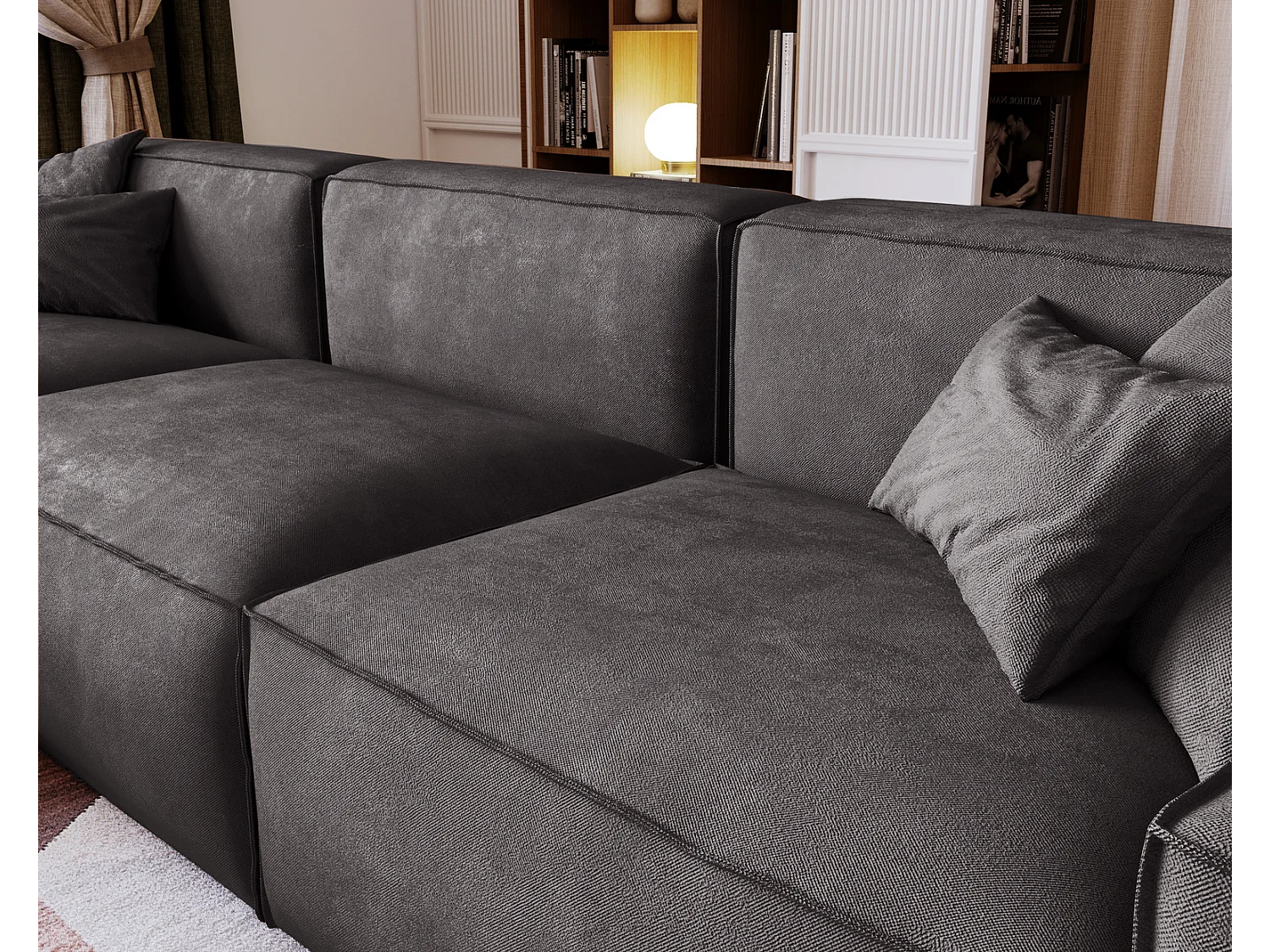 Emporius Figo Gauche Canapé d'angle en Velours, Design, Modern - Canapé d'angle 265x180 cm Gris foncé (Whisper 15)