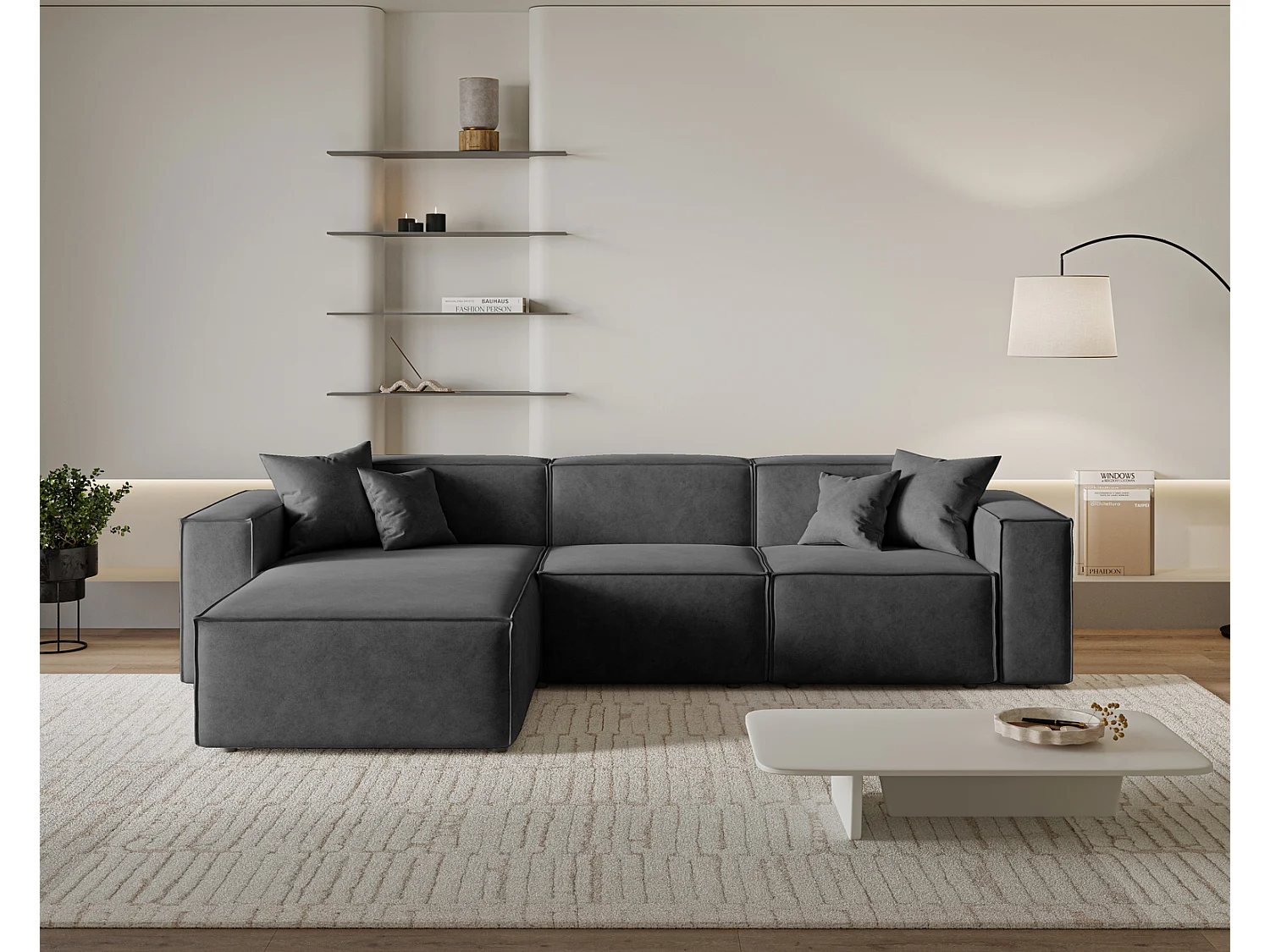 Canapé d'angle Figo, 265x180 cm, design moderne, gauche, gris foncé