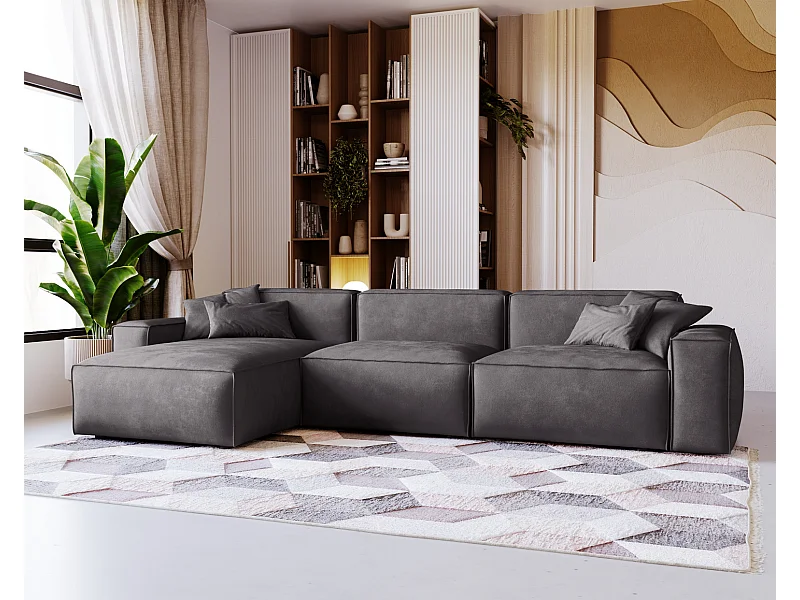 Emporius Figo Gauche Canapé d'angle en Velours, Design, Modern - Canapé d'angle 265x180 cm Gris foncé (Whisper 15)