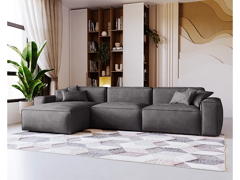 Emporius Figo Gauche Canapé d'angle en Velours, Design, Modern - Canapé d'angle 265x180 cm Gris foncé (Whisper 15)