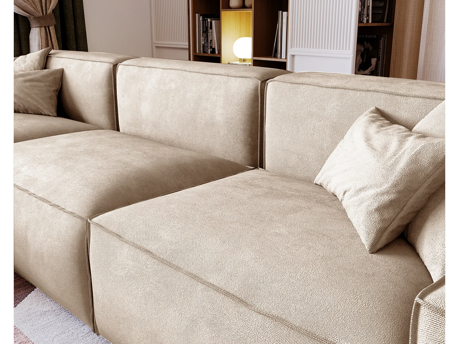 Emporius Figo Gauche Canapé d'angle en Velours, Design, Modern - Canapé d'angle 265x180 cm Beige (Whisper 2)