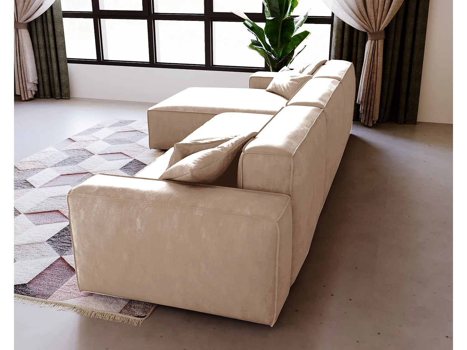 Emporius Figo Gauche Canapé d'angle en Velours, Design, Modern - Canapé d'angle 265x180 cm Beige (Whisper 2)