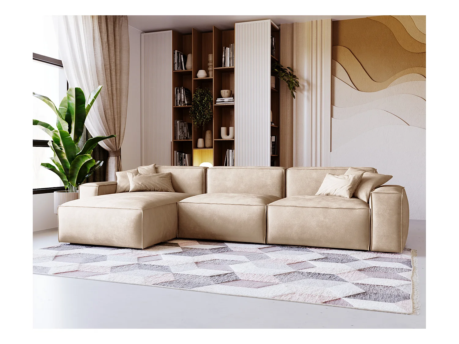 Emporius Figo Gauche Canapé d'angle en Velours, Design, Modern - Canapé d'angle 265x180 cm Beige (Whisper 2)