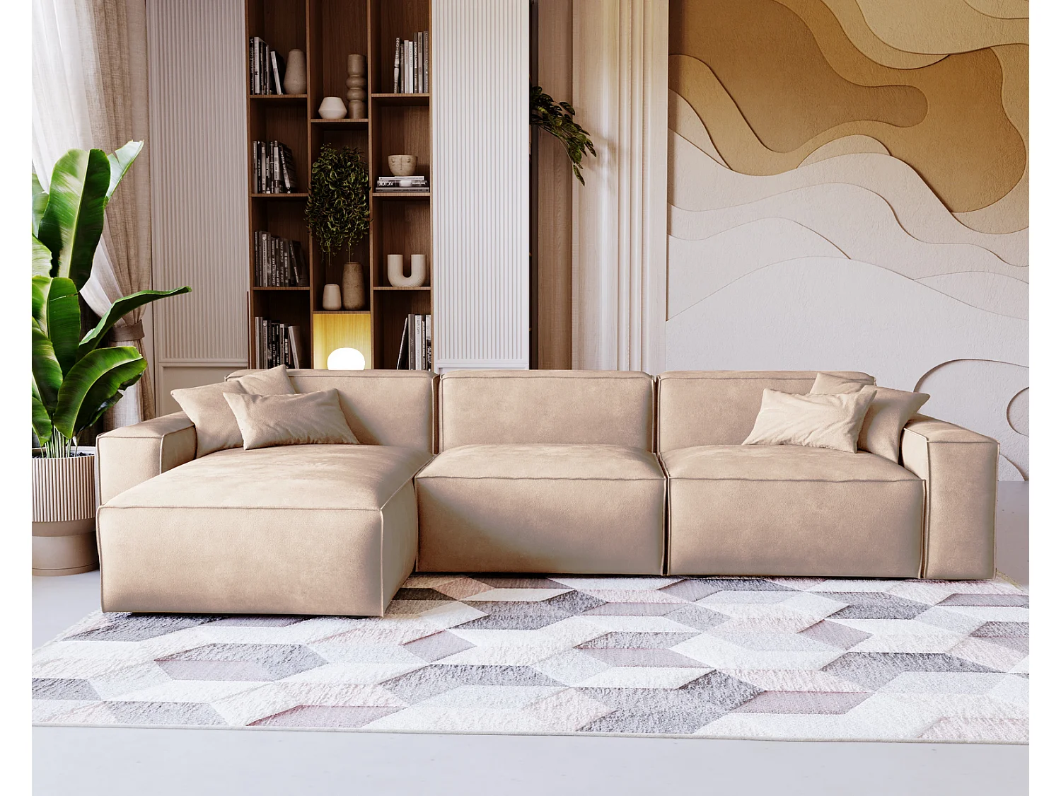 Emporius Figo Gauche Canapé d'angle en Velours, Design, Modern - Canapé d'angle 265x180 cm Beige (Whisper 2)