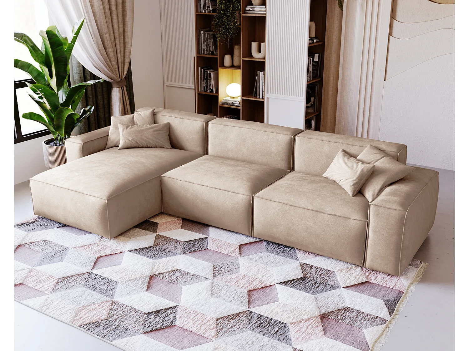 Emporius Figo Gauche Canapé d'angle en Velours, Design, Modern - Canapé d'angle 265x180 cm Beige (Whisper 2)