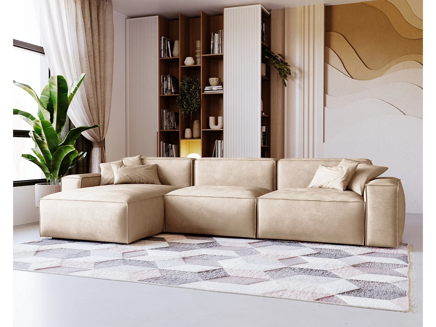 Emporius Figo Gauche Canapé d'angle en Velours, Design, Modern - Canapé d'angle 265x180 cm Beige (Whisper 2)