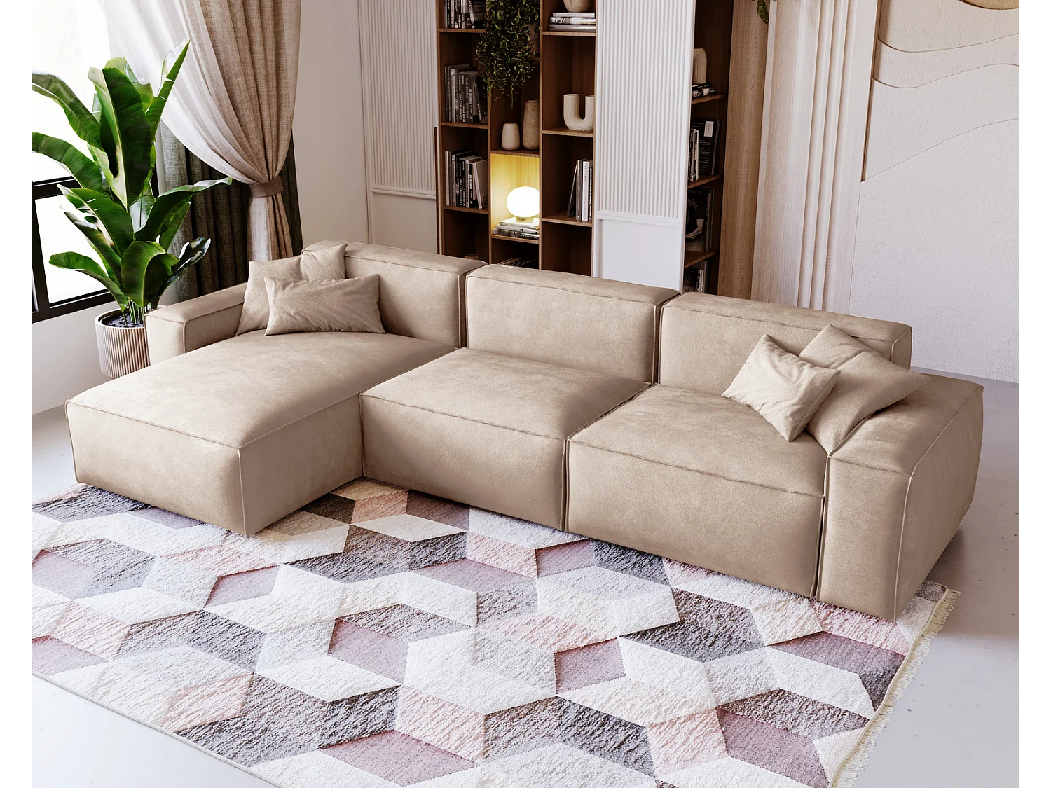 Emporius Figo Gauche Canapé d'angle en Velours, Design, Modern - Canapé d'angle 265x180 cm Beige (Whisper 2)