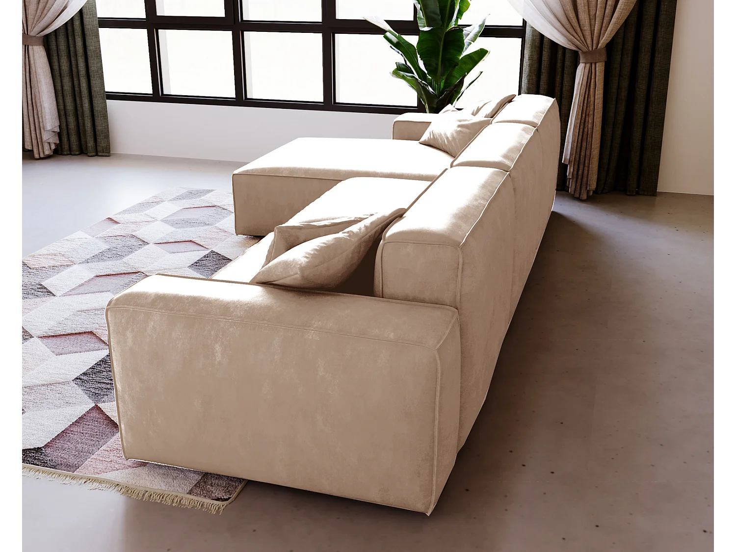 Emporius Figo Gauche Canapé d'angle en Velours, Design, Modern - Canapé d'angle 265x180 cm Beige (Whisper 2)