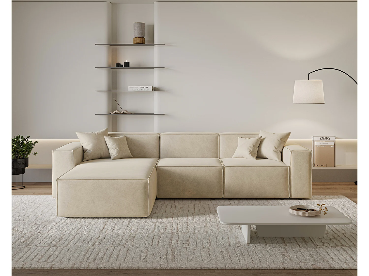 Canapé d'angle Figo, 265x180 cm, design moderne, gauche, beige
