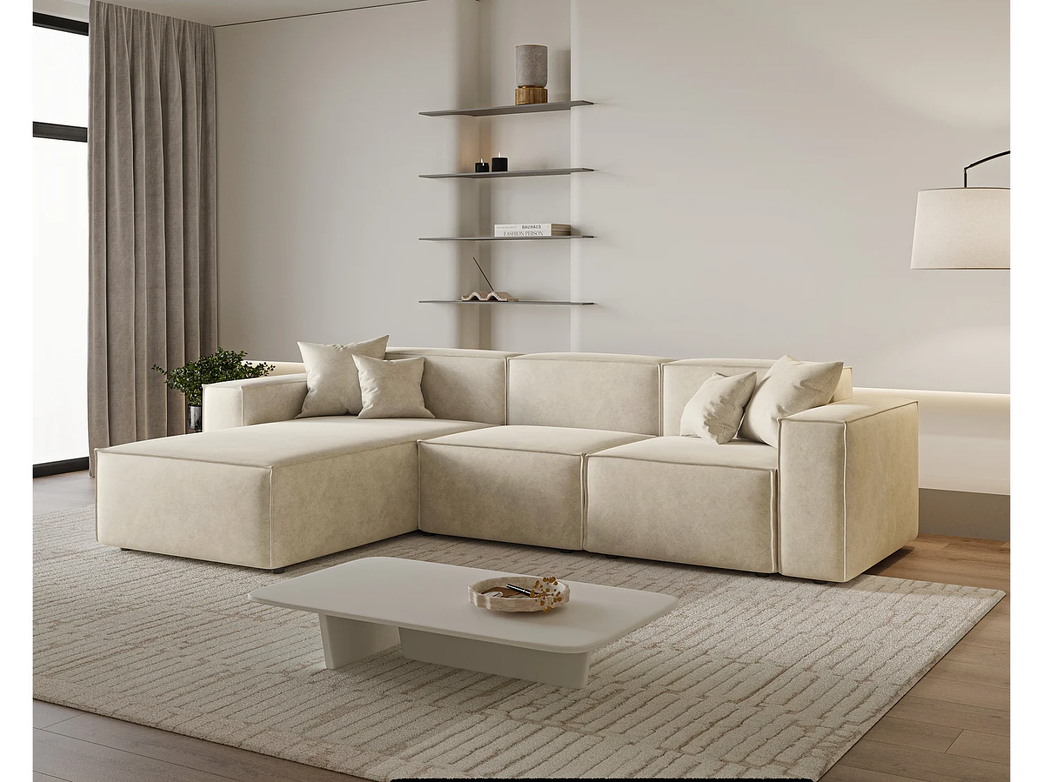 Canapé d'angle Figo, 265x180 cm, design moderne, gauche, beige