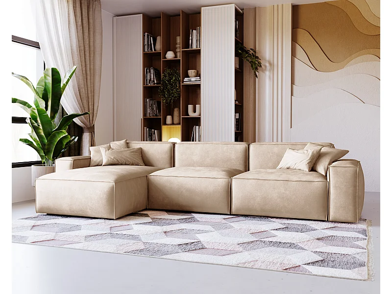 Emporius Figo Gauche Canapé d'angle en Velours, Design, Modern - Canapé d'angle 265x180 cm Beige (Whisper 2)