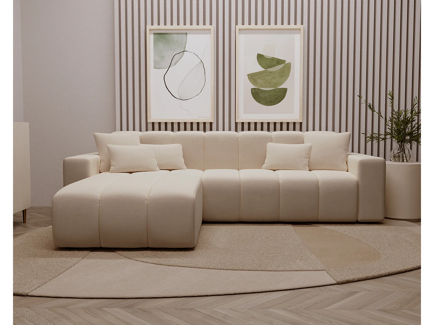 Emporius Miral narożnik w kształcie L - sofa do salonu bez funkcji spania i bez pojemnika - nowoczesny styl, lewostronny, tkanina aksamitna, beżowy (Komodo 11)