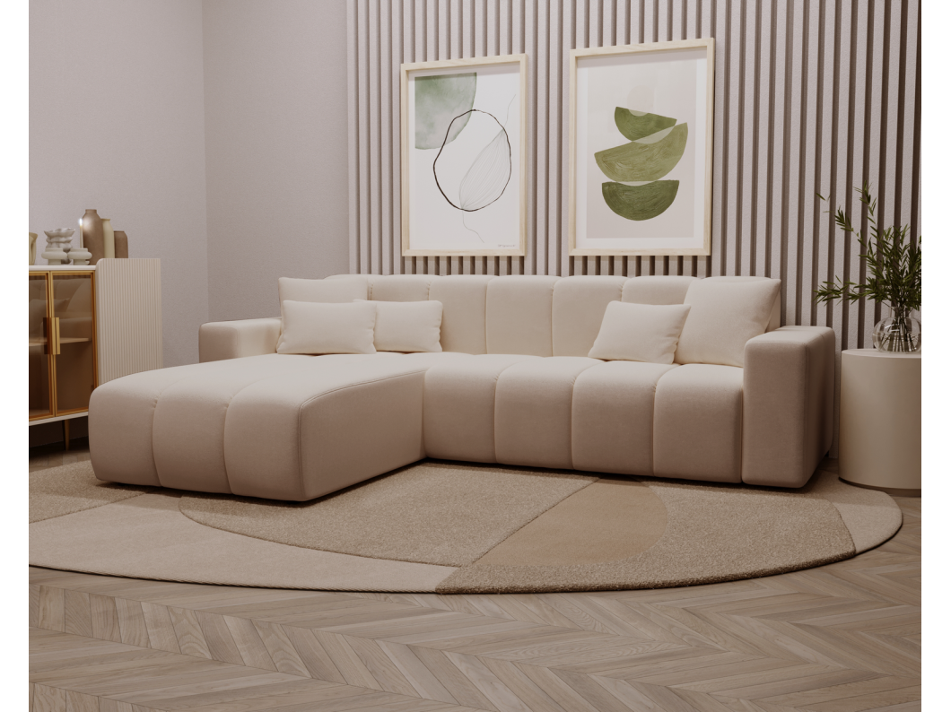 Emporius Miral narożnik w kształcie L - sofa do salonu bez funkcji spania i bez pojemnika - nowoczesny styl, lewostronny, tkanina aksamitna, beżowy (Komodo 11)