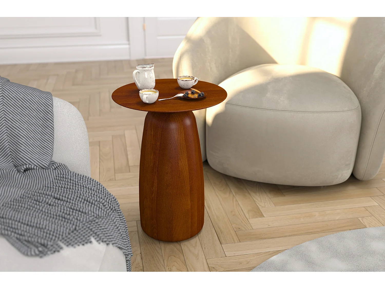 Stolik drewniany różne kolory Kayani Baobab 44, śr. 32,5 cm, orzech