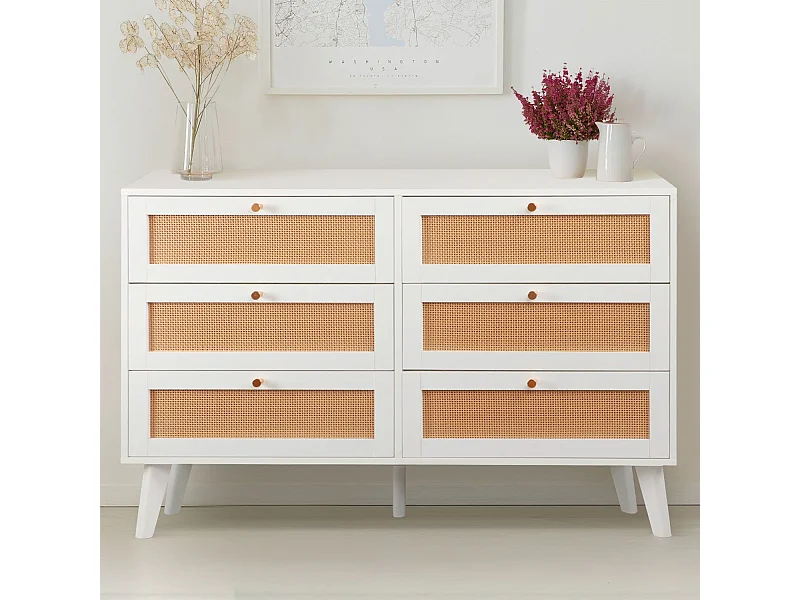 Commode 6 tiroirs avec cannage Dalgora L120cm Blanc