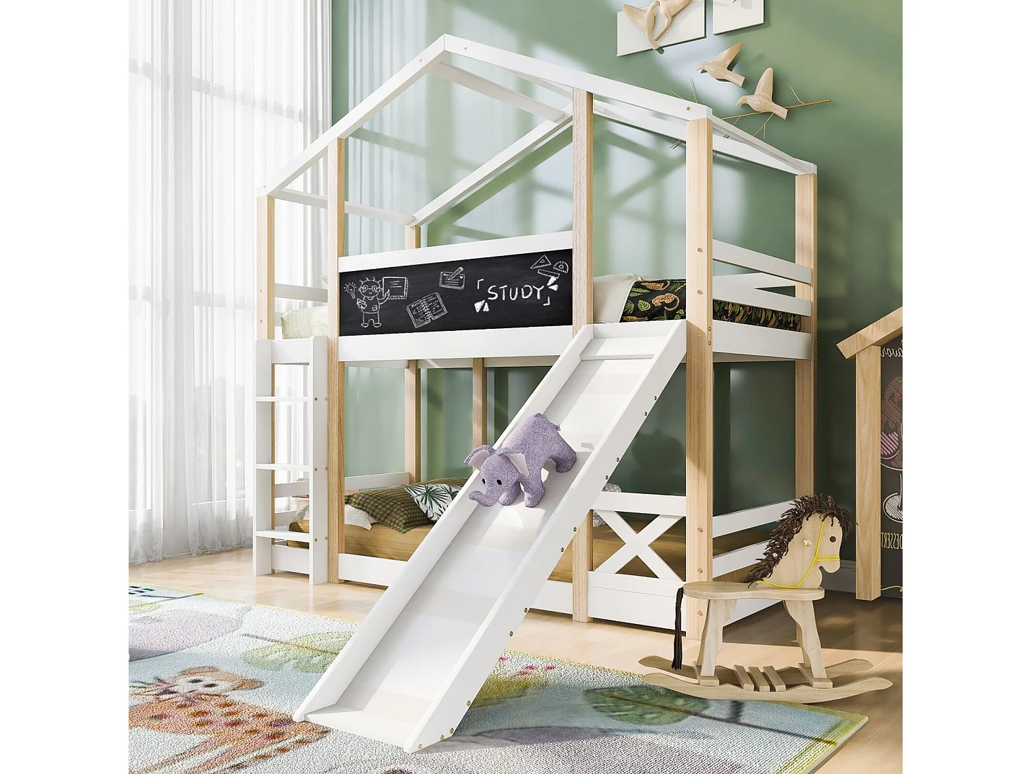 Lits superposés cabane 2 x 90 x 200 cm avec toboggan, barrières, escalier - Pin de certifié EN747 - Blanc et naturel