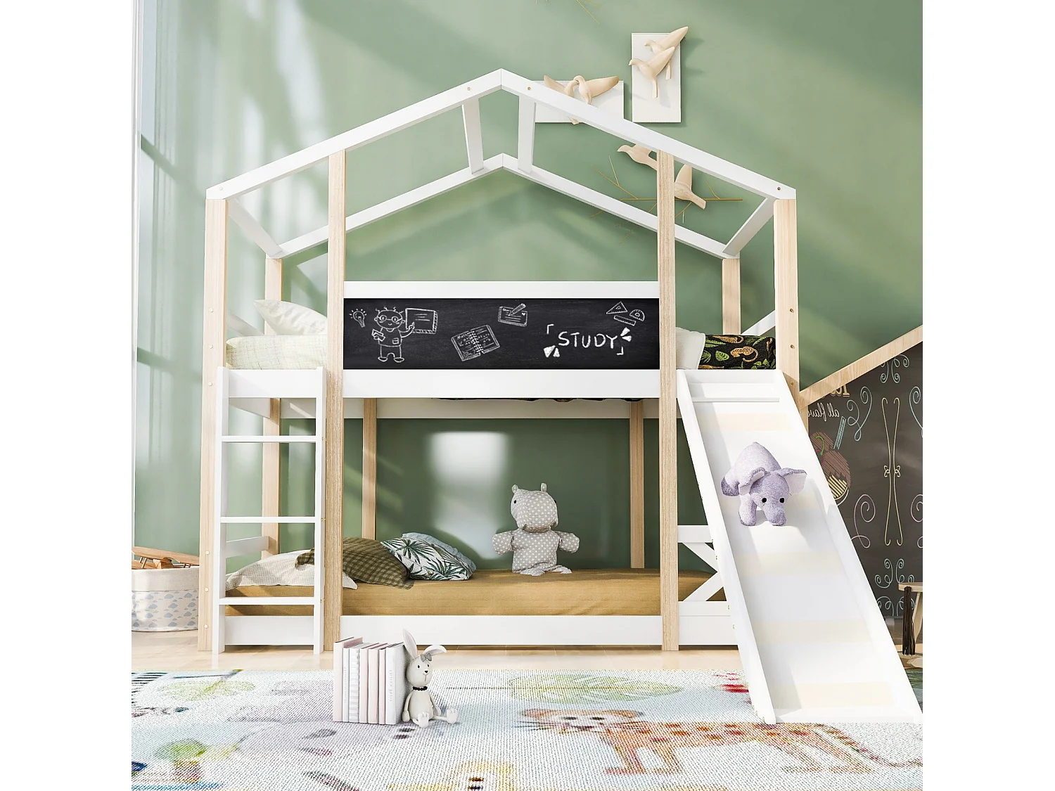 Lits superposés cabane 2 x 90 x 200 cm avec toboggan, barrières, escalier - Pin de certifié EN747 - Blanc et naturel