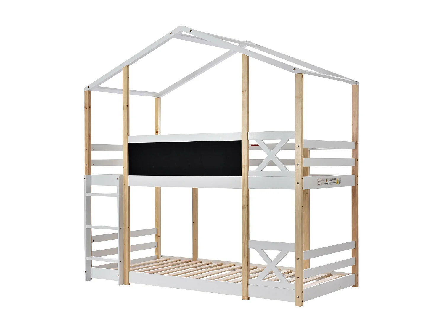 Lits superposés cabane 2 x 90 x 200 cm avec toboggan, barrières, escalier - Pin de certifié EN747 - Blanc et naturel