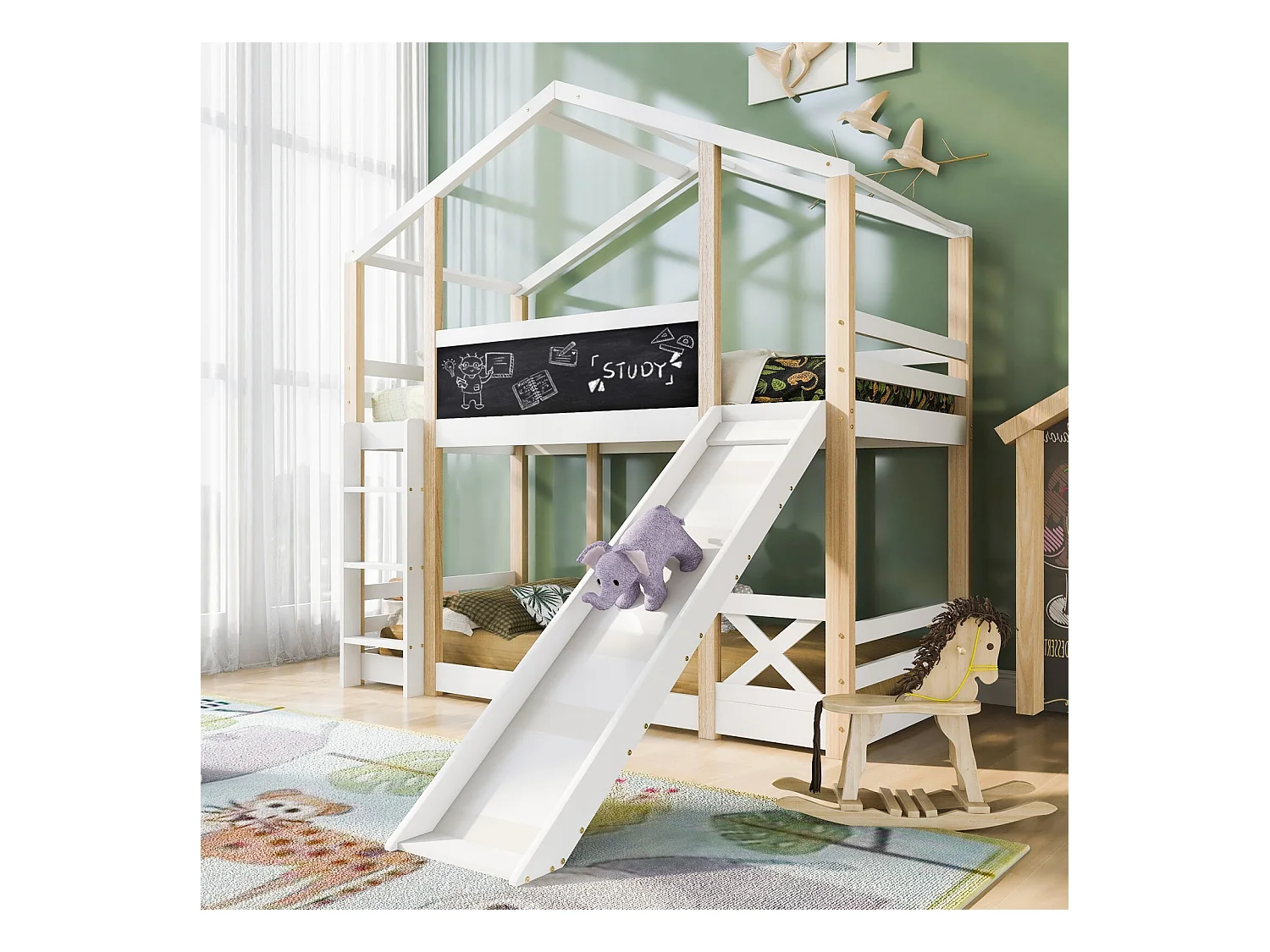 Lits superposés cabane 2 x 90 x 200 cm avec toboggan, barrières, escalier - Pin de certifié EN747 - Blanc et naturel