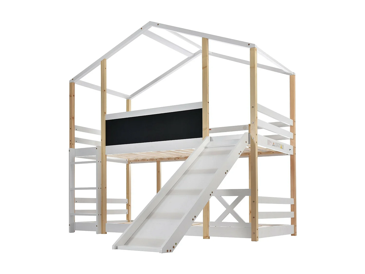 Lits superposés cabane 2 x 90 x 200 cm avec toboggan, barrières, escalier - Pin de certifié EN747 - Blanc et naturel
