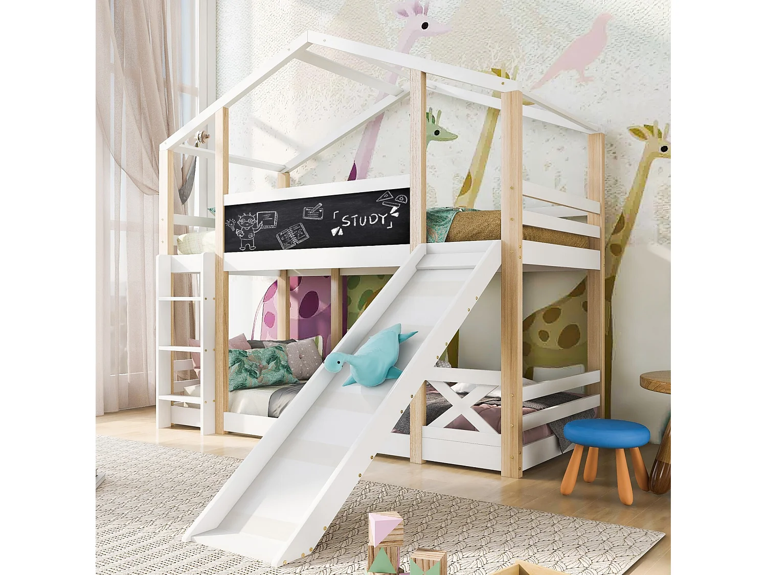 Lits superposés cabane 2 x 90 x 200 cm avec toboggan, barrières, escalier - Pin de certifié EN747 - Blanc et naturel