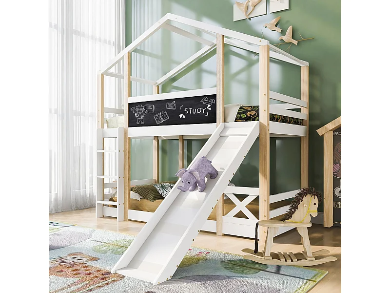 Lits superposés cabane 2 x 90 x 200 cm avec toboggan, barrières, escalier - Pin de certifié EN747 - Blanc et naturel