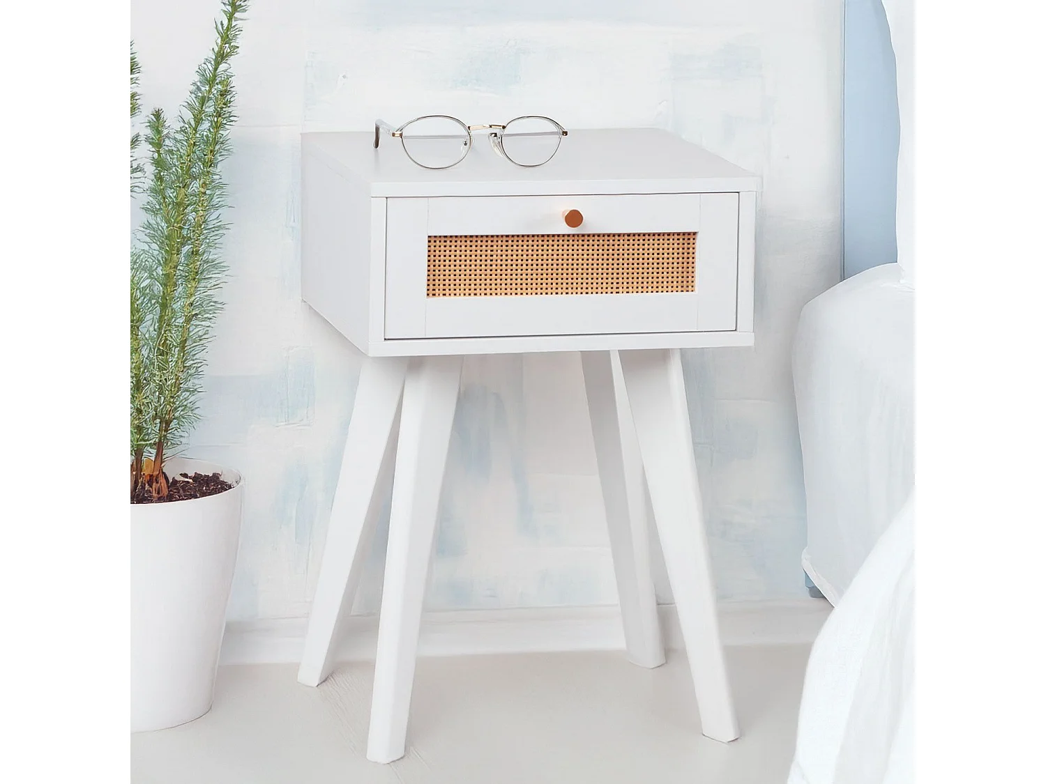 Table de chevet 1 tiroir avec cannage Dalgora L40cm Blanc