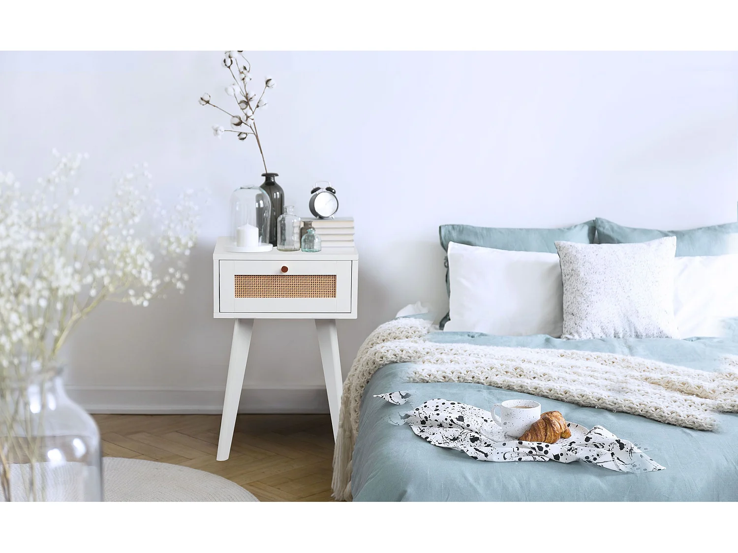 Table de chevet 1 tiroir avec cannage Dalgora L40cm Blanc