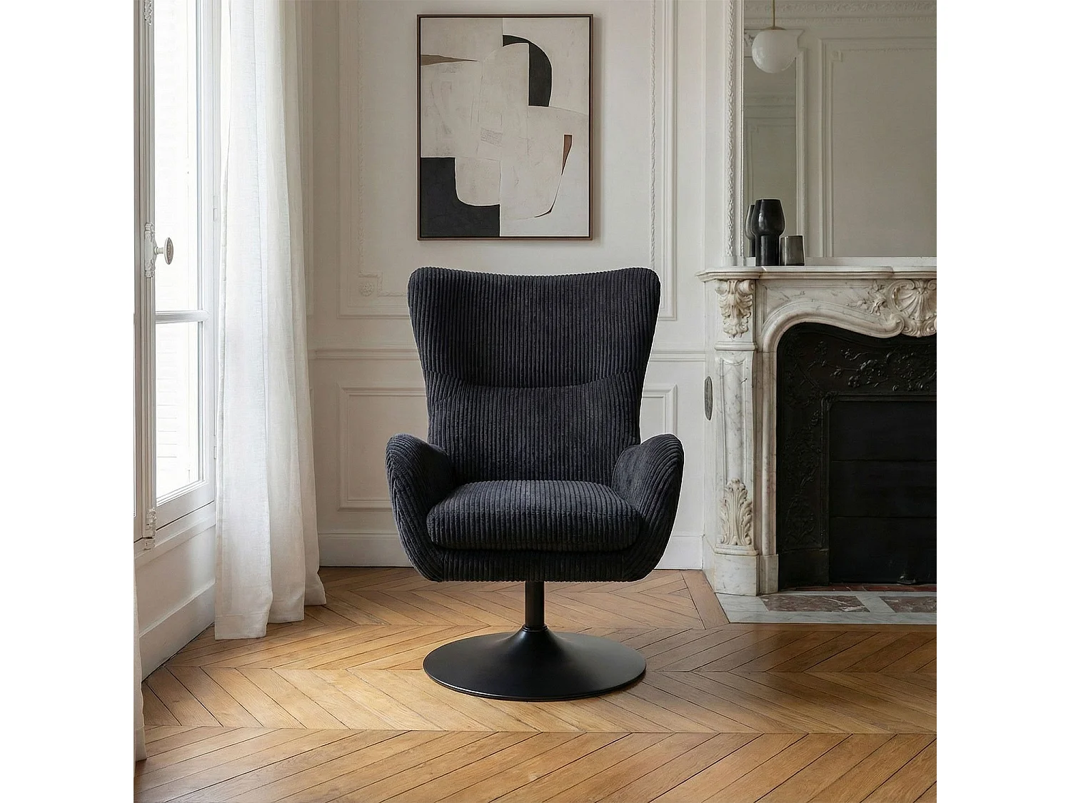 Fauteuil pivotant style bergère Arthuro Velours côtelé Noir