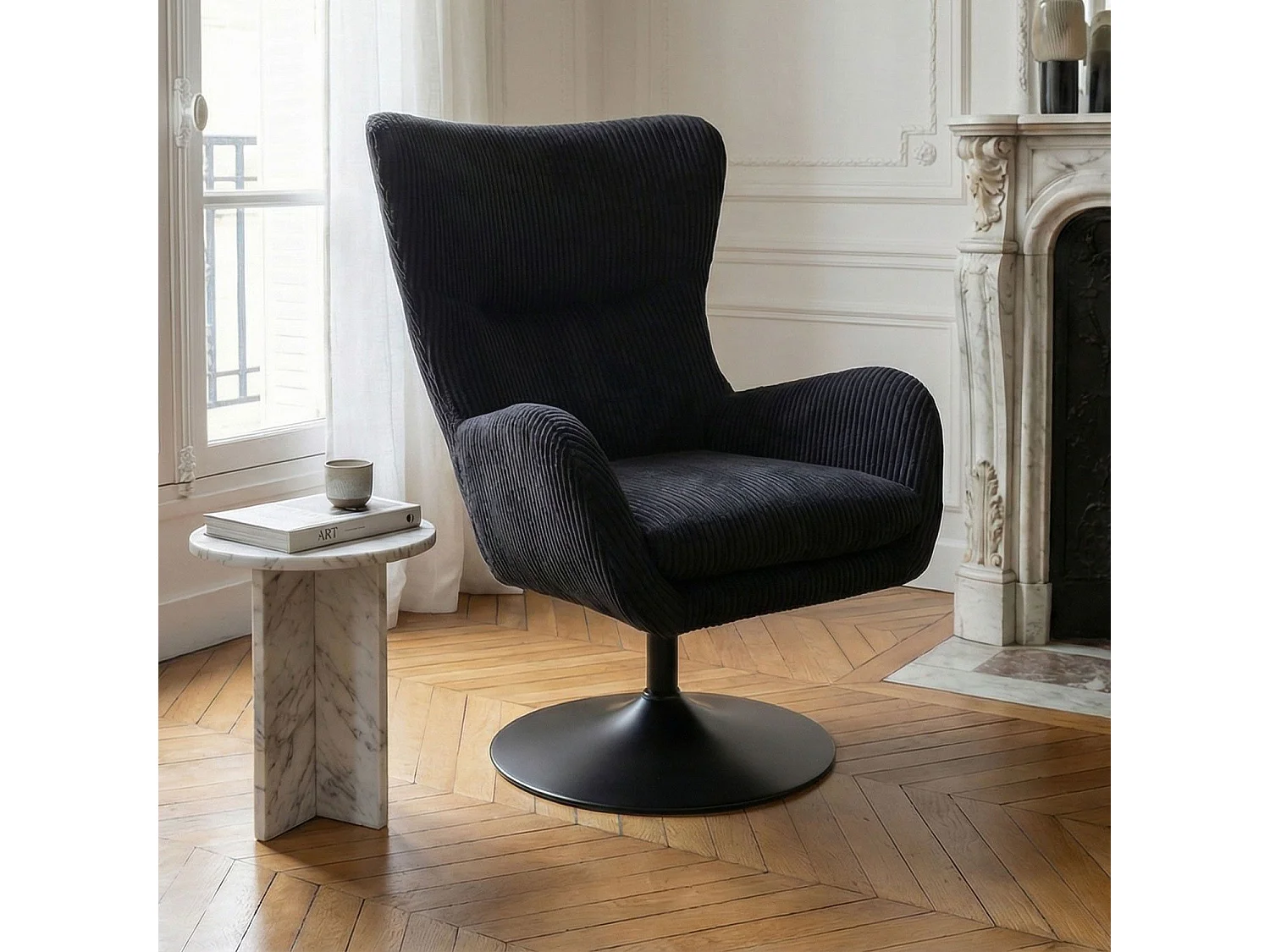 Fauteuil pivotant style bergère Arthuro Velours côtelé Noir