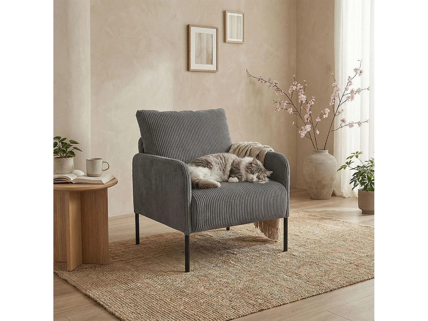 Fauteuil moderne et élégant Manuelo Velours côtelé Gris foncé