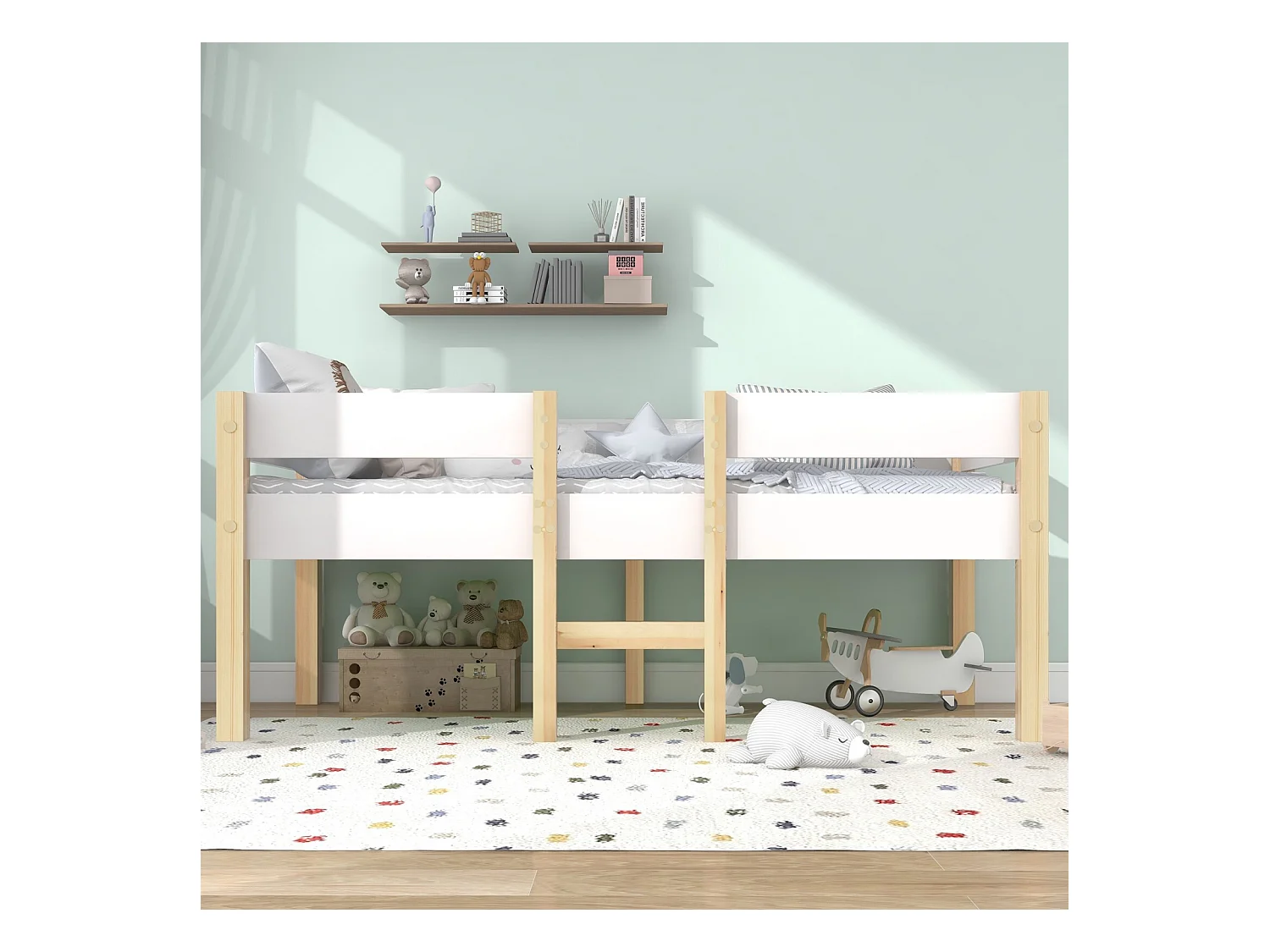 Mid -height bed 90 x 200 cm met trap - Laad Max. 120 kg - massief dennenhout - wit