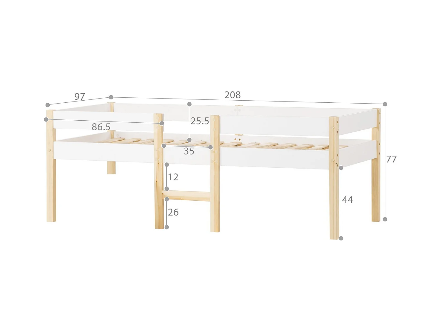 Mid -height bed 90 x 200 cm met trap - Laad Max. 120 kg - massief dennenhout - wit