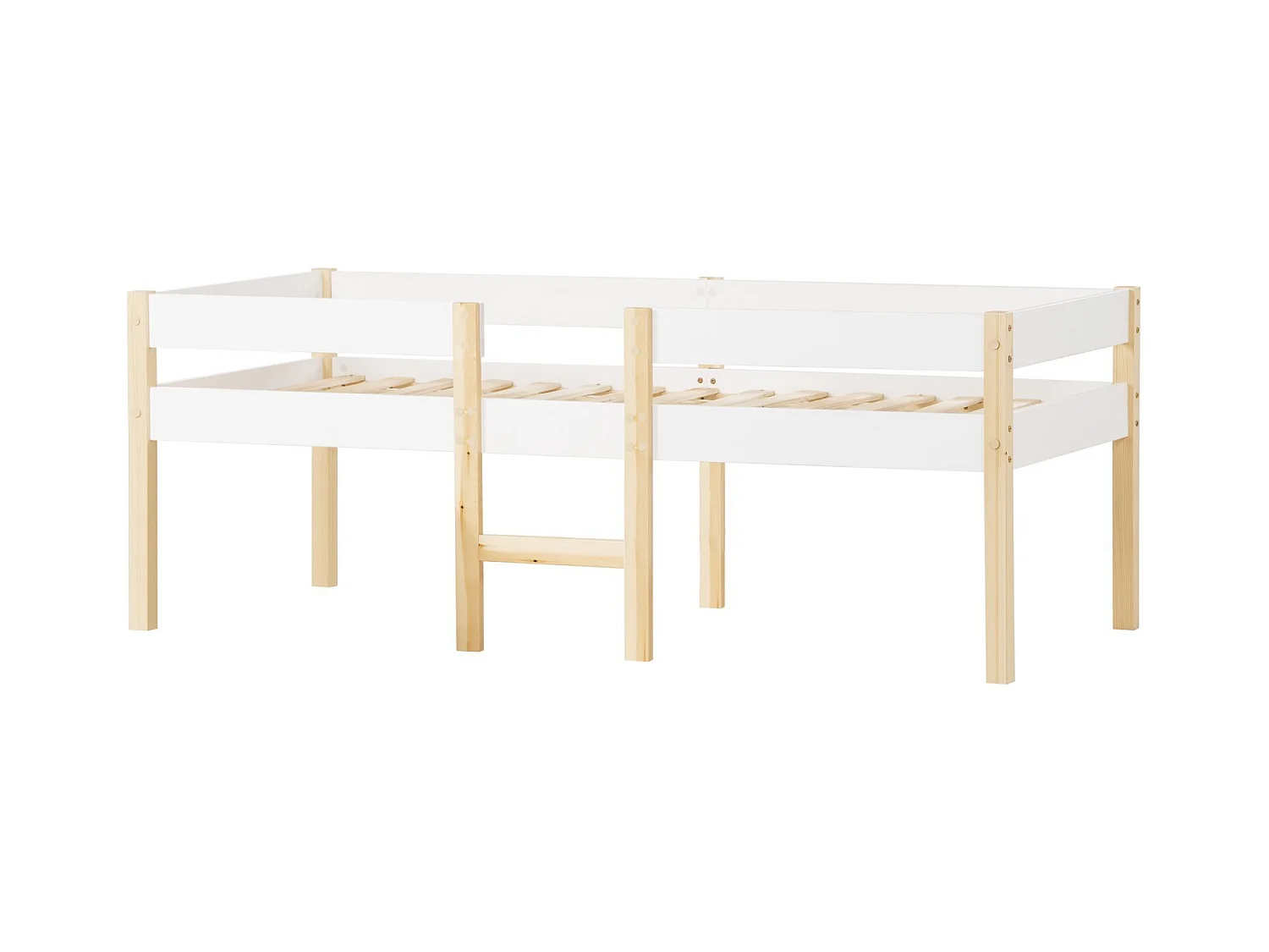 Mid -height bed 90 x 200 cm met trap - Laad Max. 120 kg - massief dennenhout - wit