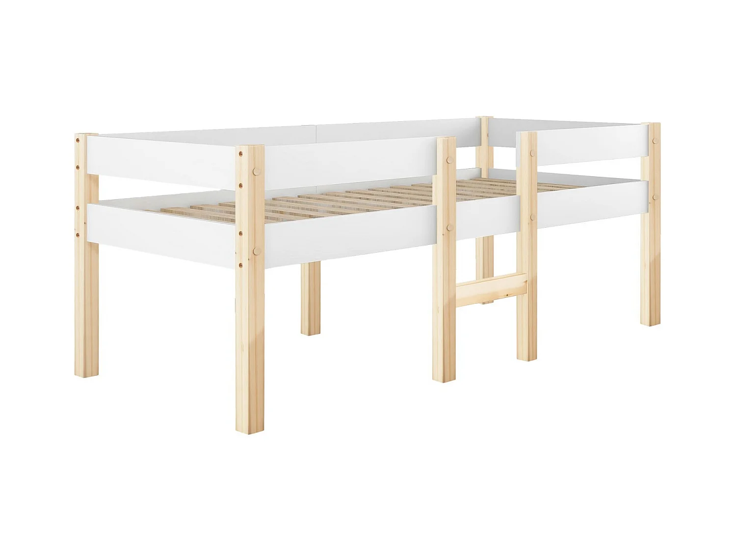 Mid -height bed 90 x 200 cm met trap - Laad Max. 120 kg - massief dennenhout - wit