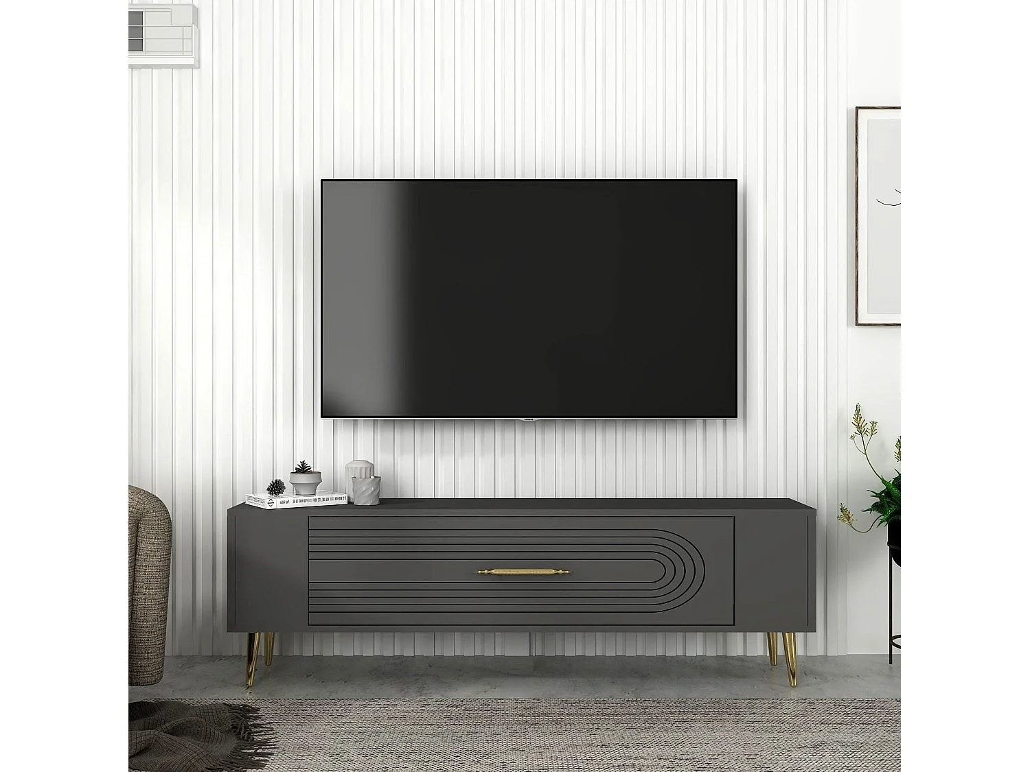 Mueble de TV – 120 cm x 48,2 cm x 26,4 cm – Antracita y Oro – Tablero de partículas