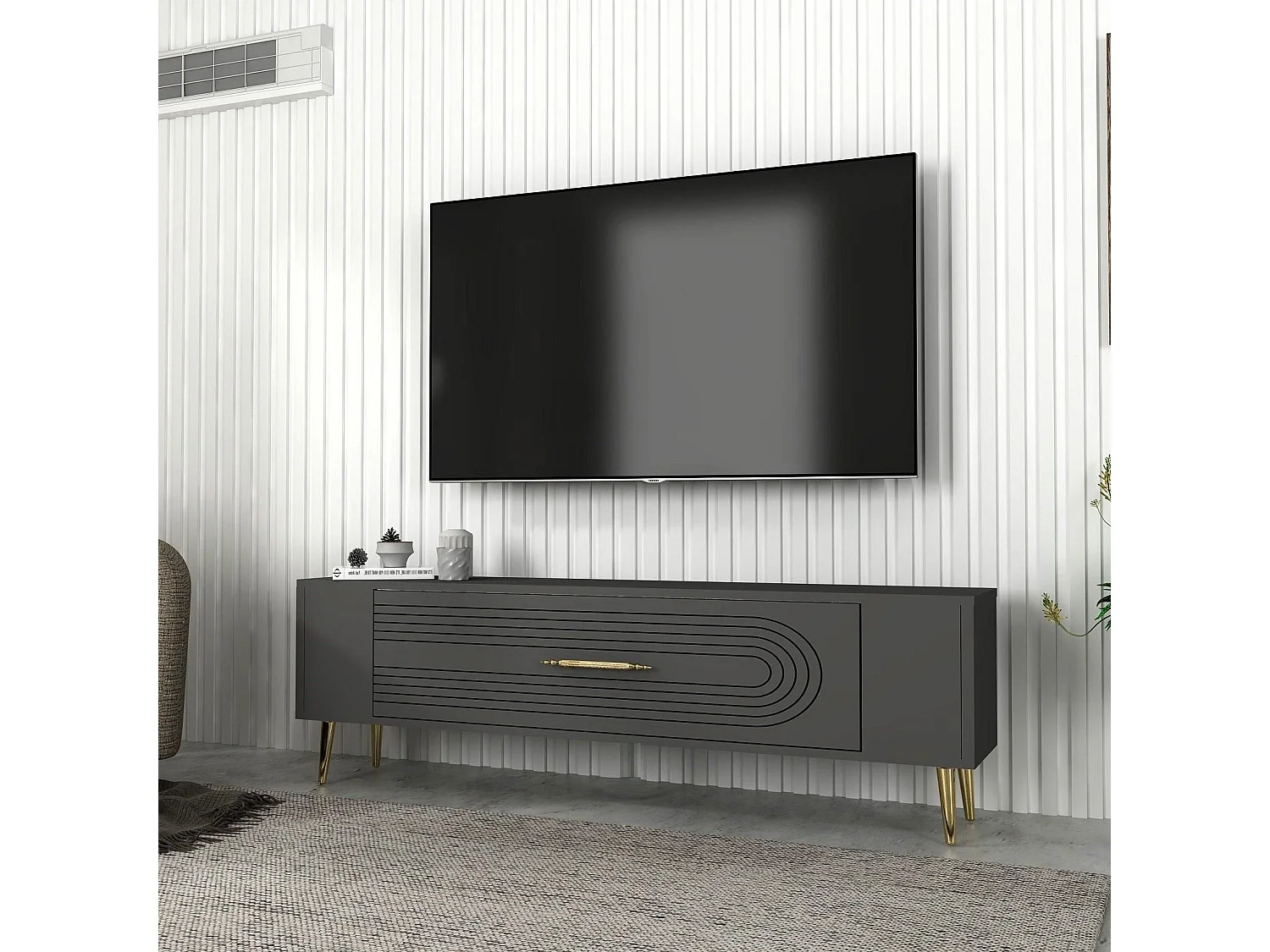 Mueble de TV – 120 cm x 48,2 cm x 26,4 cm – Antracita y Oro – Tablero de partículas