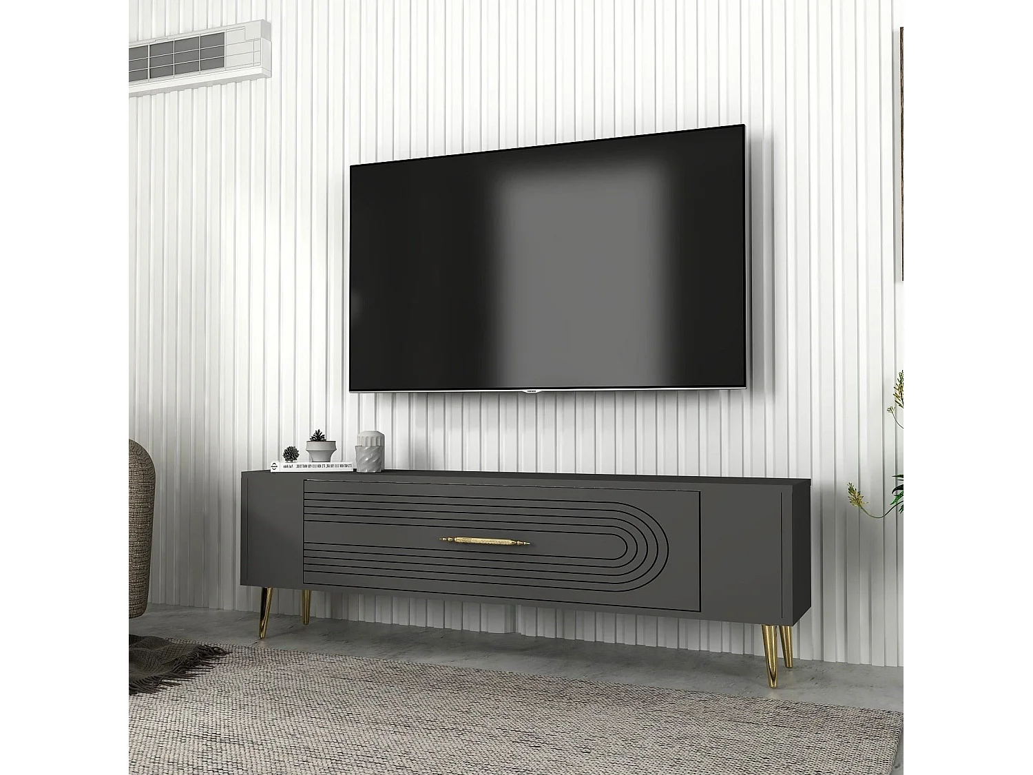 TV-Ständer – 120 cm x 48,2 cm x 26,4 cm – Anthrazit und Gold – Spanplatte