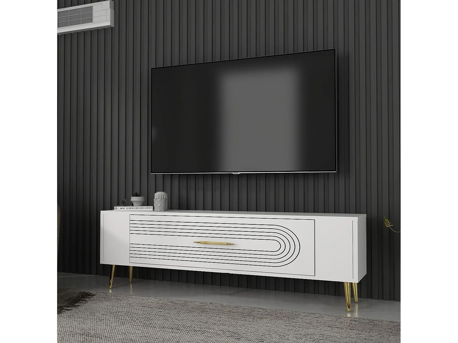 Móvel de TV – 120 cm x 48.2 cm x 26.4 cm – Branco e Dourado – Painel de partículas revestido a melamina