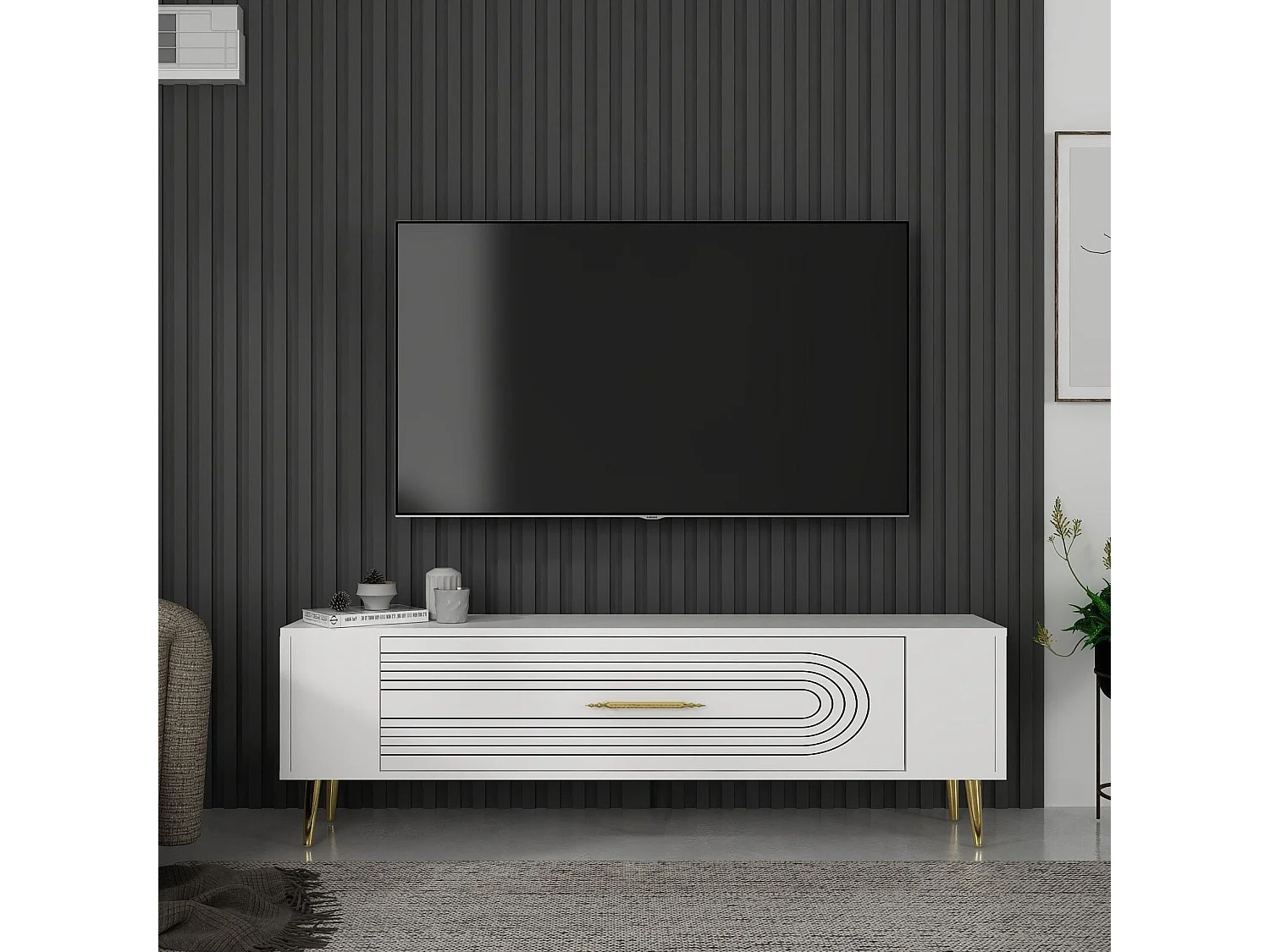 TV-Ständer – 120 cm x 48,2 cm x 26,4 cm – Weiß und Gold – Melaminbeschichtete Spanplatte