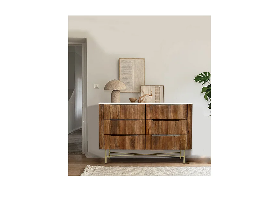 Céline - Commode en bois de manguier massif et marbre blanc 133 cm