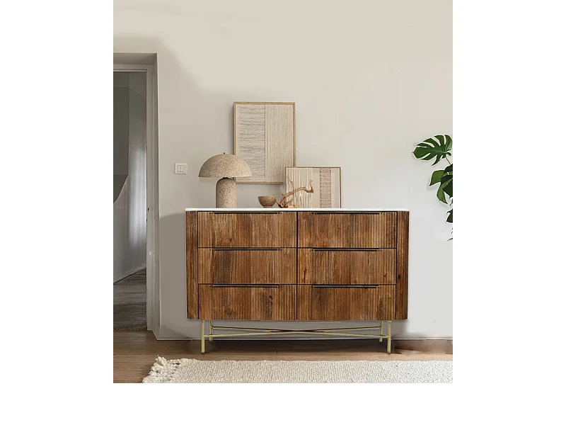 Céline - Commode en bois de manguier massif et marbre blanc 133 cm