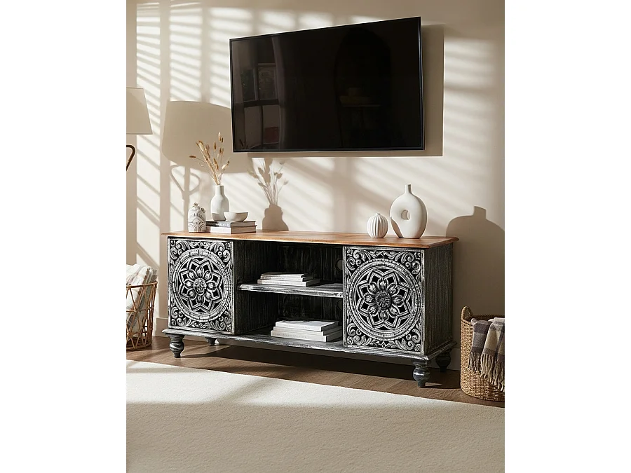 Lotus - Meuble TV cérusé en bois massif de manguier 150 cm