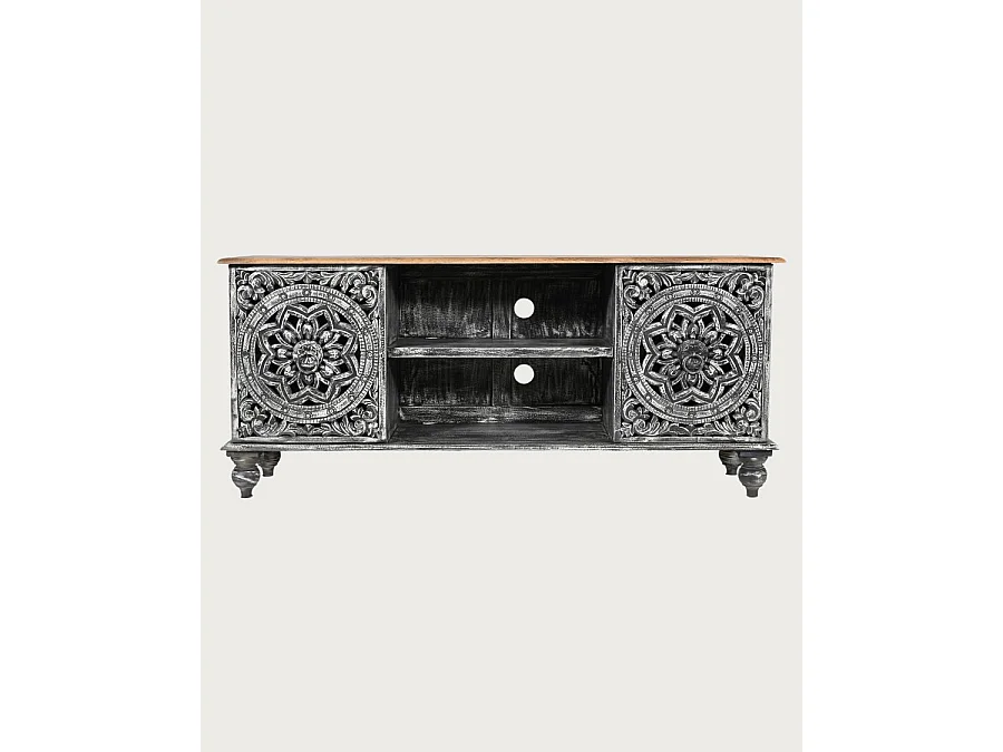 Lotus - Meuble TV cérusé en bois massif de manguier 150 cm