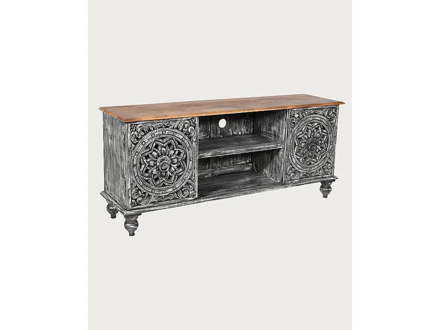 Lotus - Meuble TV cérusé en bois massif de manguier 150 cm