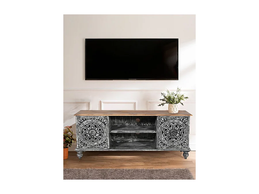 Lotus - Meuble TV cérusé en bois massif de manguier 150 cm
